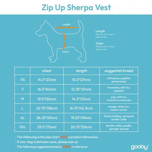 Gooby Zip Up Sherpa Vest Size Chart
