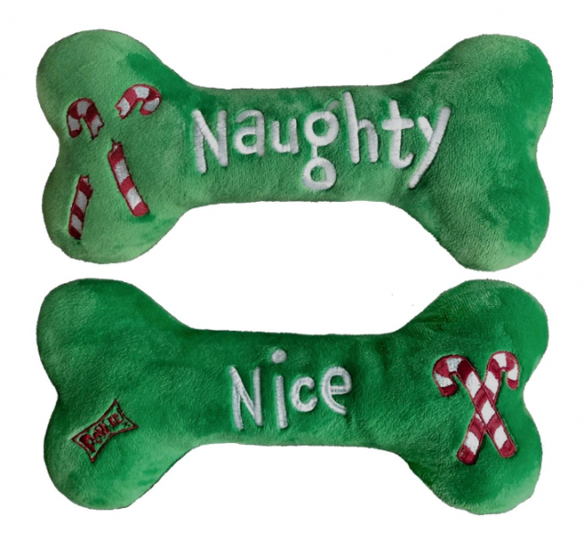 H&K Holiday Dog Toy Power Plush Naughty Nice Bone