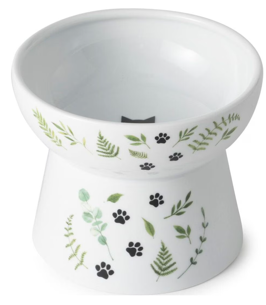 Necoichi Cat Bowl Food Raised Extra Wide Green Print